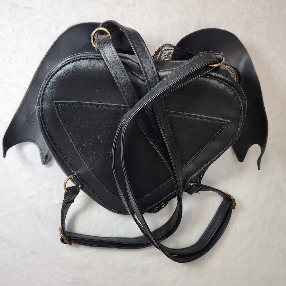 Black Heart Bat Wing Gothic Lace Backpack Faux Leather Alt Dark Academia Gold
